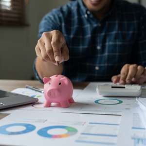 Happy man hand putting money coin into piggy for saving money wealth and financial accounting